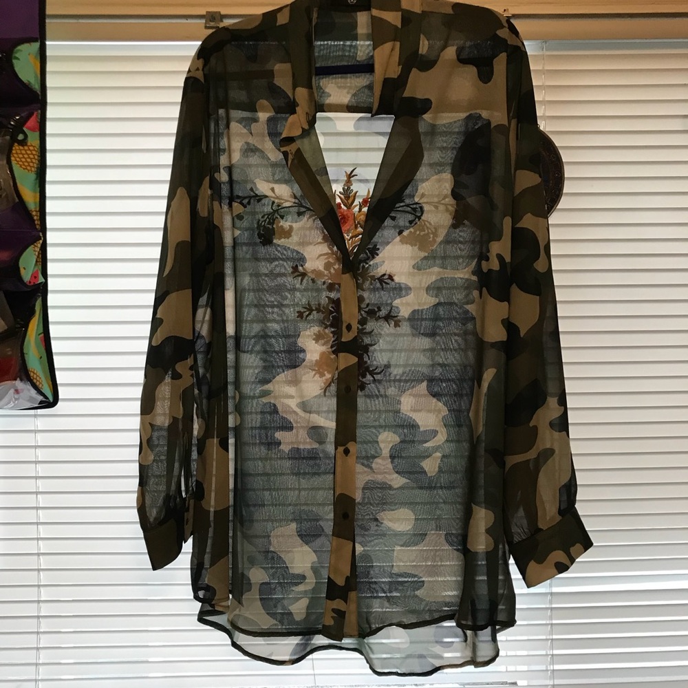 Sheer camo button up with floral detail